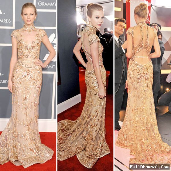 Taylor Swift At Grammy Awards Red Carpet 2012 In Zuhair Murad's Golden Lace Gown Creation