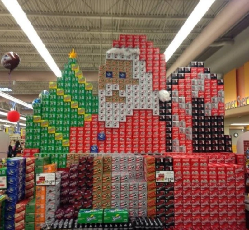 My local grocery store got creative with their soda can box display this holiday.