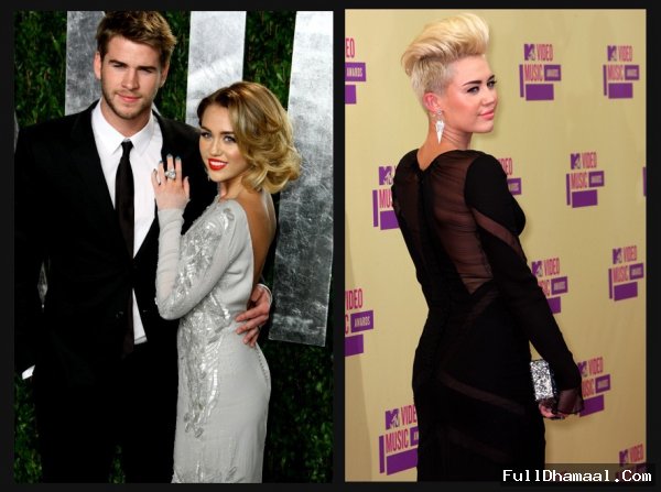 Teen Sensation Miley Cyrus With Her Boyfriend Liam Hemsworth, And Miley Cyrus In A Black Gown With Her New Hair Style At MTV Video Music Awards 2012